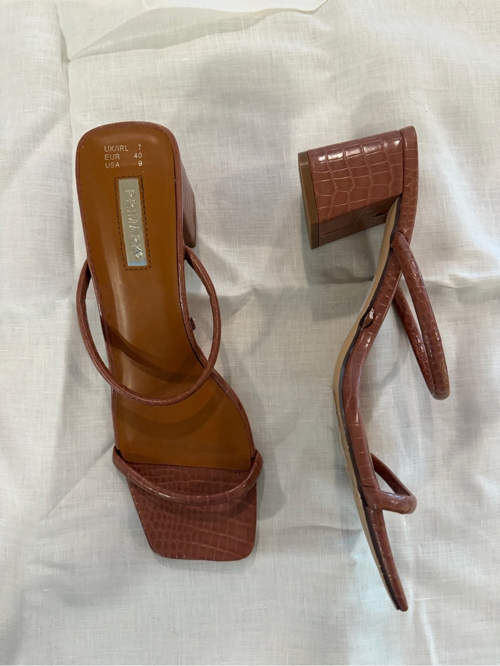 Primark Mauve Brown Croc-Embossed Block Heel Sandals